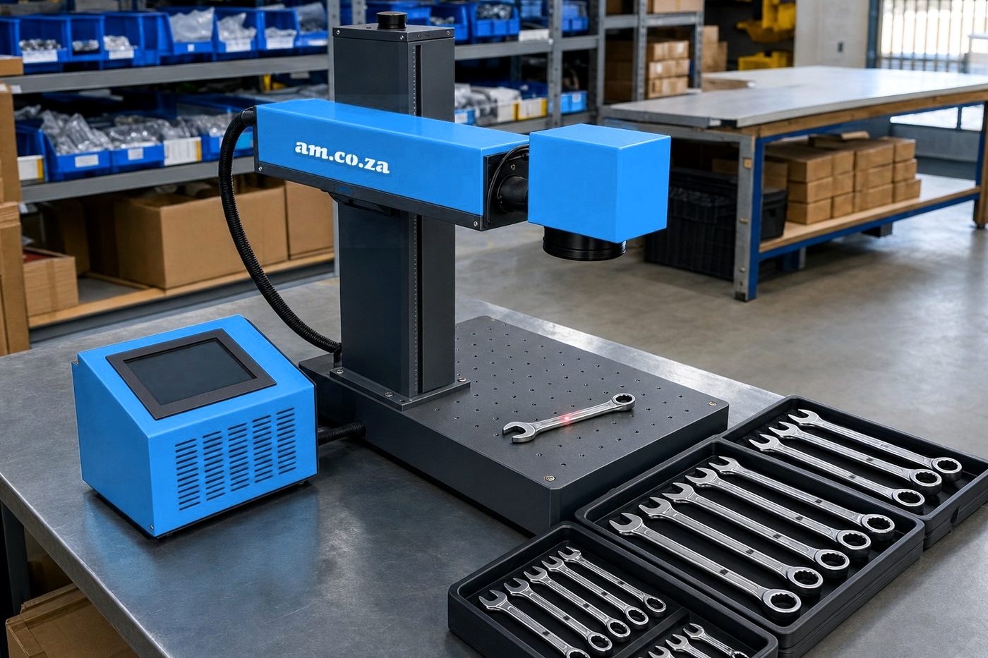 Bright blue and charcoal benchtop fibre laser marker on a steel workbench marking a chrome combination spanner, with trays of ratchet spanners in front and stock shelves behind