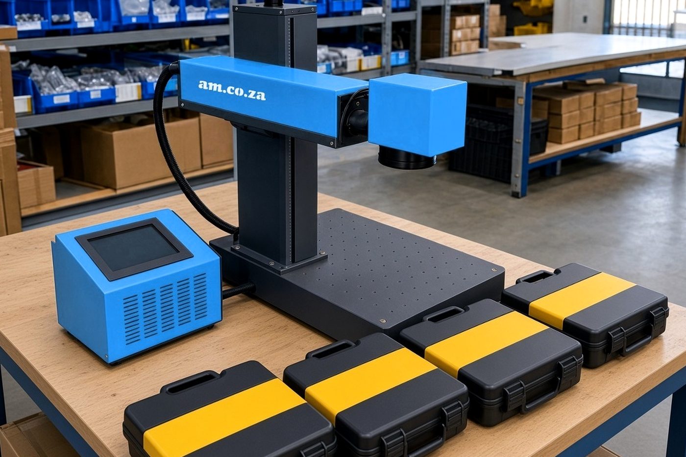 Four closed black tool cases on a timber packing bench, each lid printed on the outside with a yellow crew band, in front of a fibre laser marker with a blue controller box, charcoal column and flat charcoal base