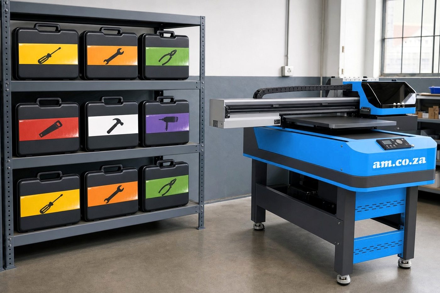Storeroom shelving with black learner tool cases, each lid printed with a coloured band and a tool icon, beside a blue and charcoal flatbed UV printer