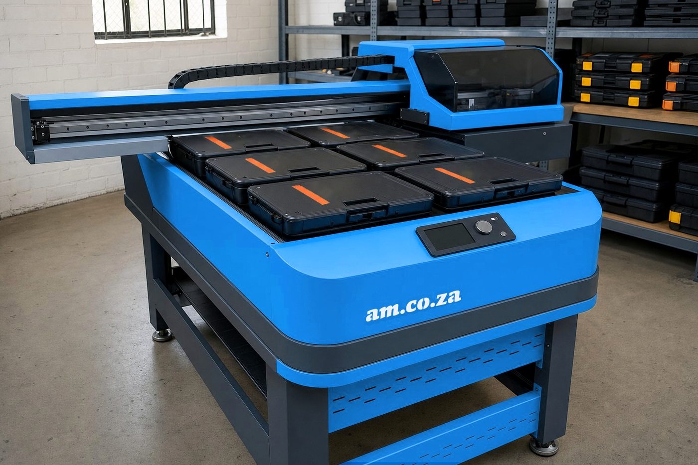 Blue and charcoal flatbed UV printer with six black plastic tool case lids on its bed, each printed with an orange colour band